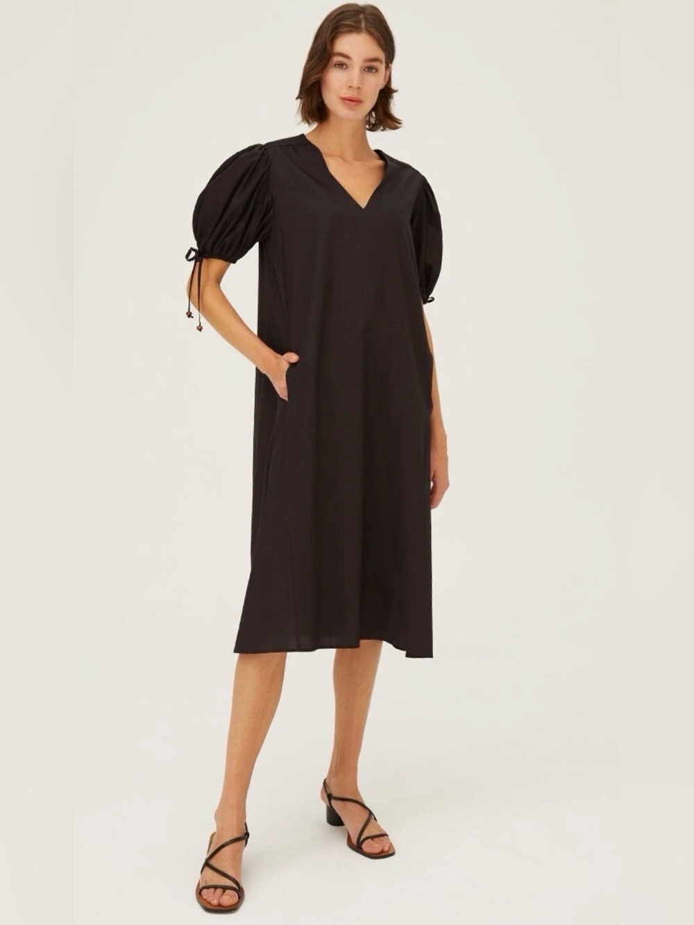 Harshman Los Angeles Dore Black V Neck Puff Sleeve Dress midi Cotton Medium